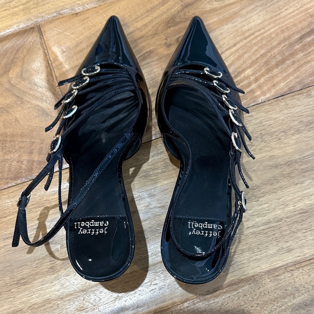 Jeffrey Campbell Black Patent Pointed Slingback Flats with Gold Rings
